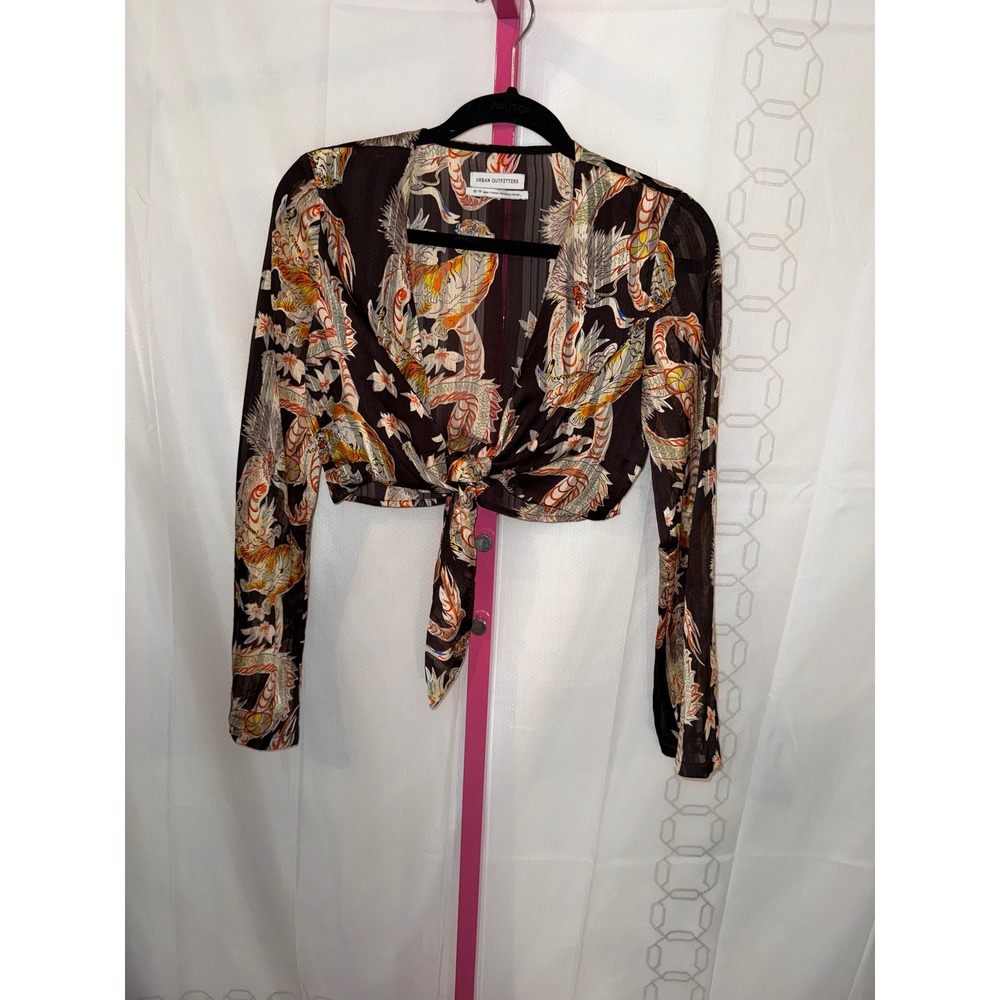 URBAN OUTFITTERS Dragon Print Tie Front Crop Top Sheer Long Sleeve XS